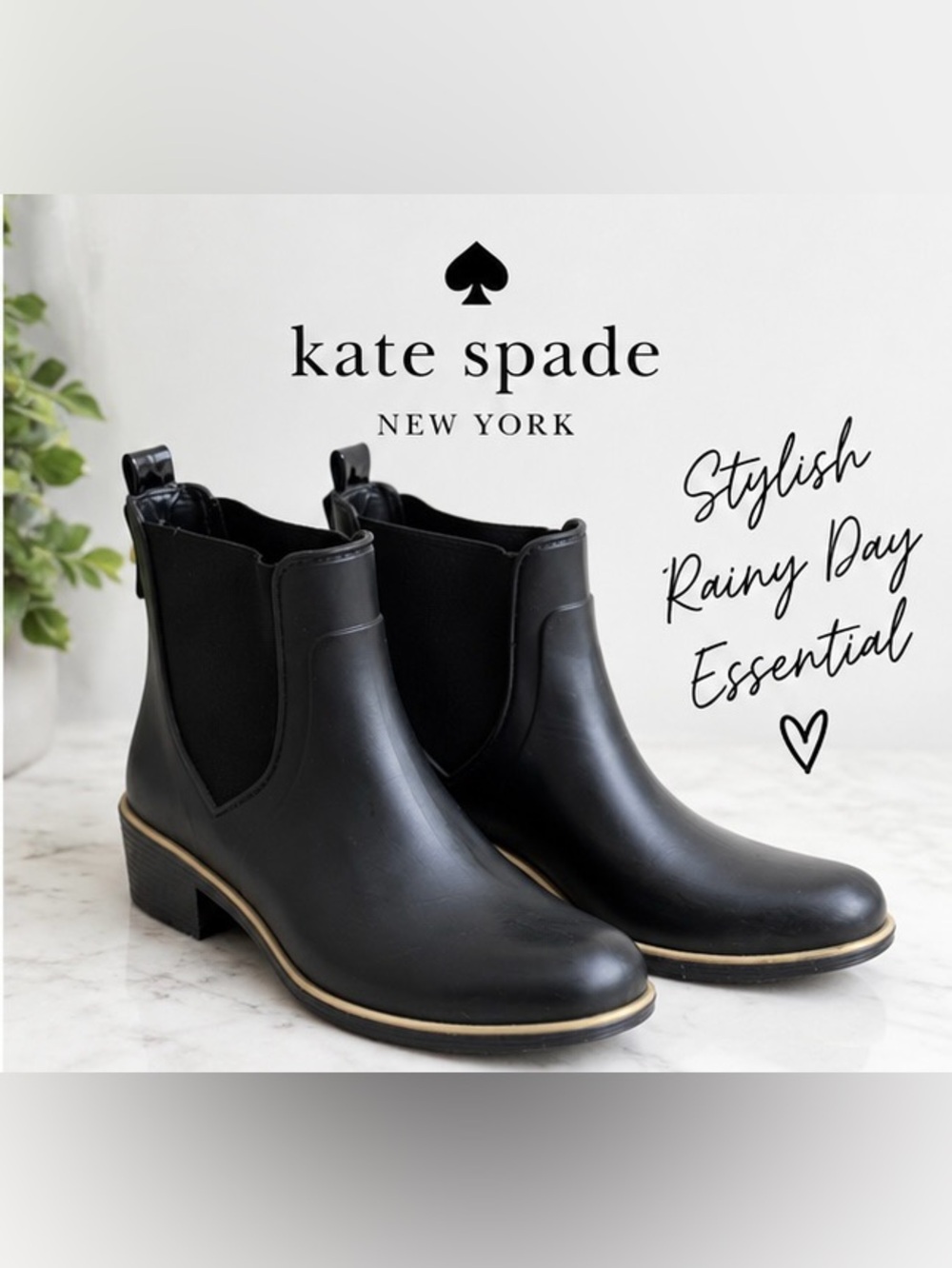 Kate Spade New York black Chelsea-style rain boots in women’s size 7